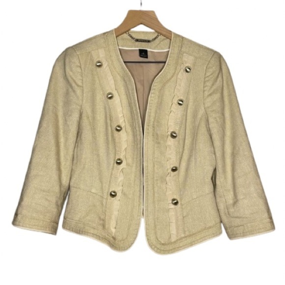 Women's 6 WHBM Military Inspired Linen Blend Jacket Ribbon Ruffle Peplum - Picture 1 of 7